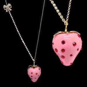 Betsey Johnson Pink Strawberry Red Rhinestone Baby Cakes Necklace Gold Tone